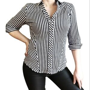 New York & Company Womens Top Small Black White Stripe Button Up Shirt Office